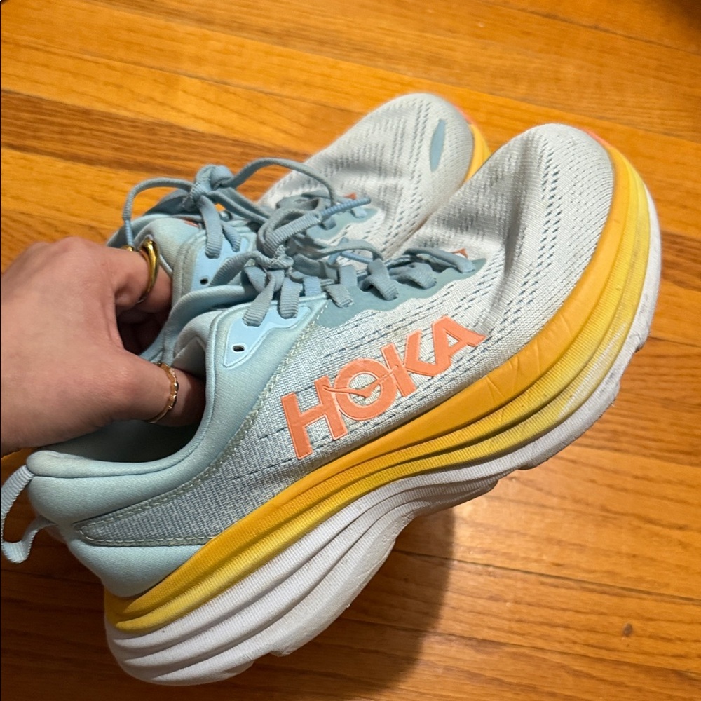 Hoka Light Blue and Yellow Athletic Shoes